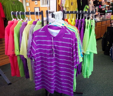 shot of golf pro shop including shirts and purchasable product